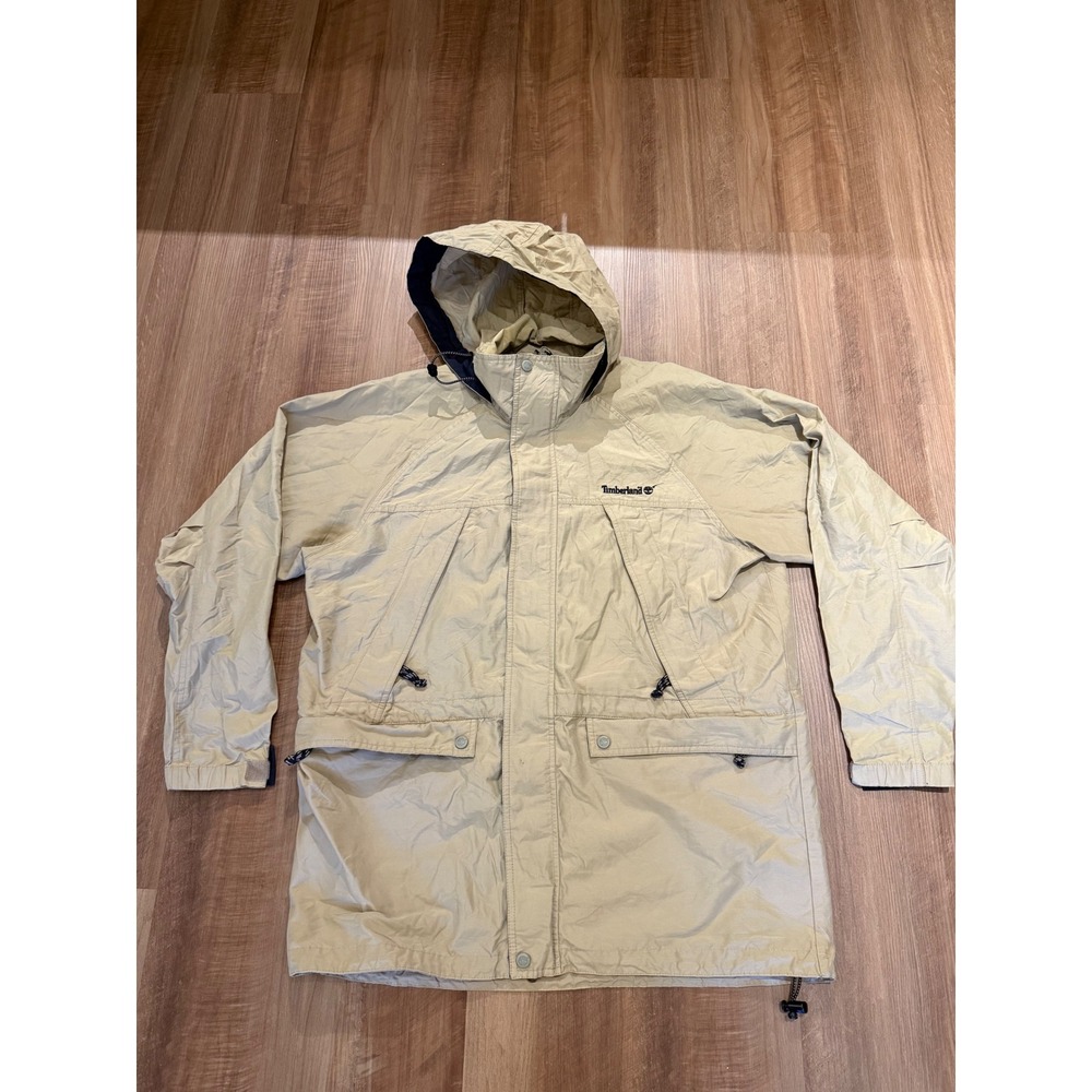 Timberland Weathergear Jacket Mens Medium Tan Khaki Hooded Parka Cotton Nylon